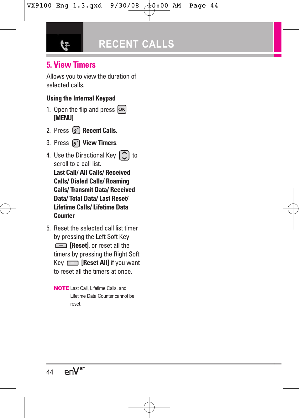 Recent calls, View timers | LG LGVX9100LK User Manual | Page 44 / 130