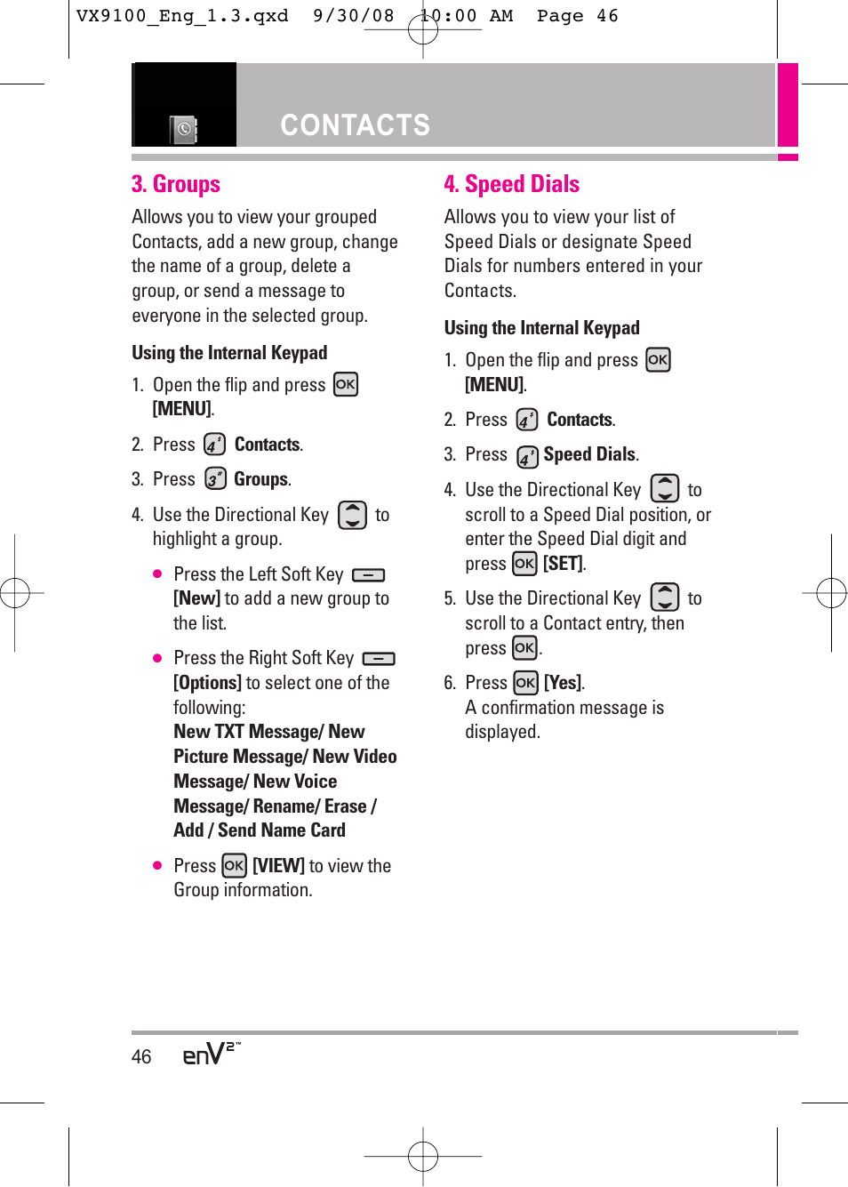 Contacts, Groups, Speed dials | LG LGVX9100LK User Manual | Page 46 / 130