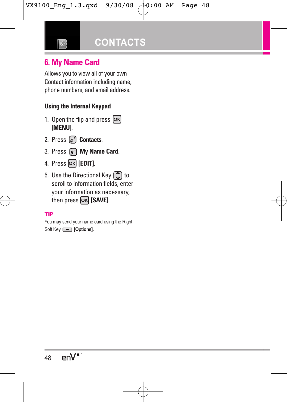 Contacts, My name card | LG LGVX9100LK User Manual | Page 48 / 130