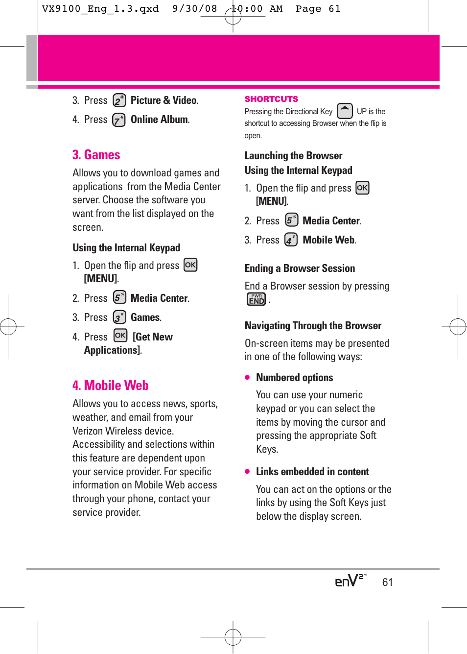 Games, Mobile web | LG LGVX9100LK User Manual | Page 61 / 130