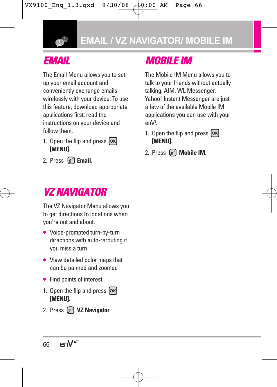 Eem ma aiill, Vvz z n na av viig ga at to or r, Mmo ob biille e iim m | LG LGVX9100LK User Manual | Page 66 / 130