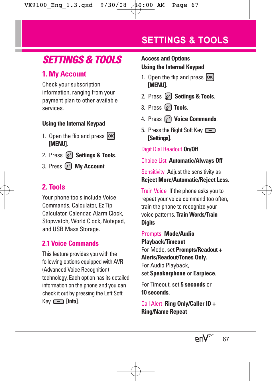 Sse et tt tiin ng gs s & & t to oo olls s, Settings & tools | LG LGVX9100LK User Manual | Page 67 / 130