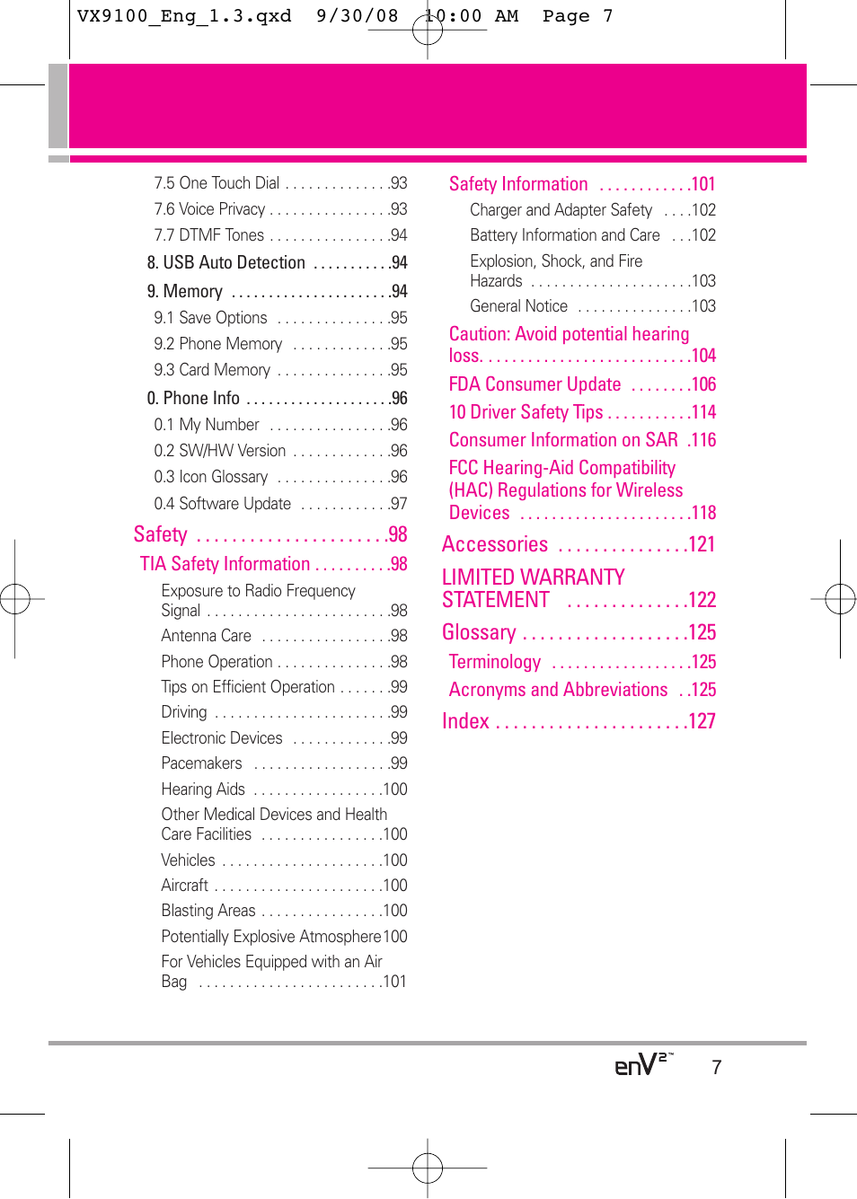 Safety, Accessories limited warranty statement glossary, Index | LG LGVX9100LK User Manual | Page 7 / 130