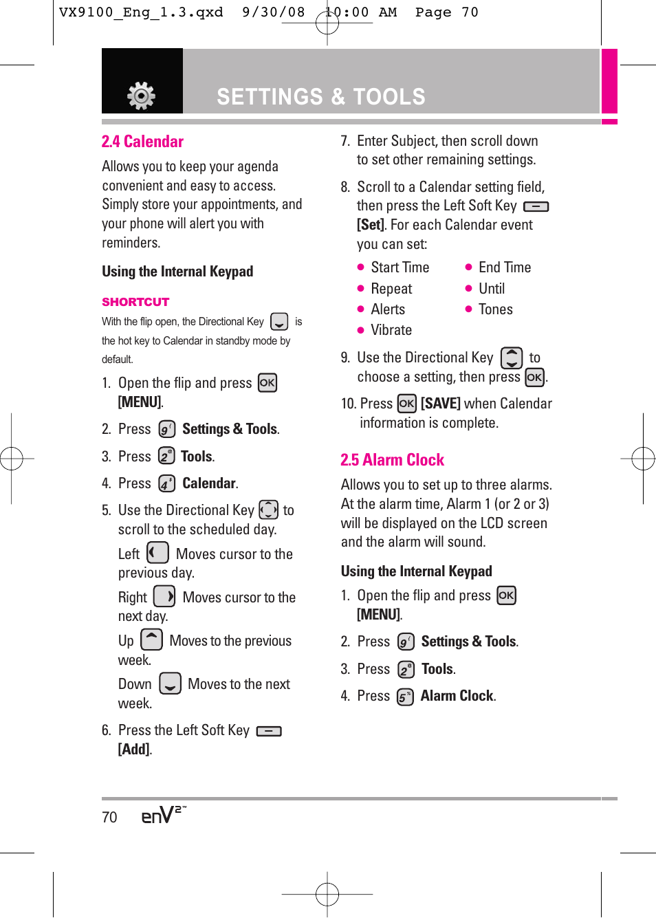 Settings & tools | LG LGVX9100LK User Manual | Page 70 / 130