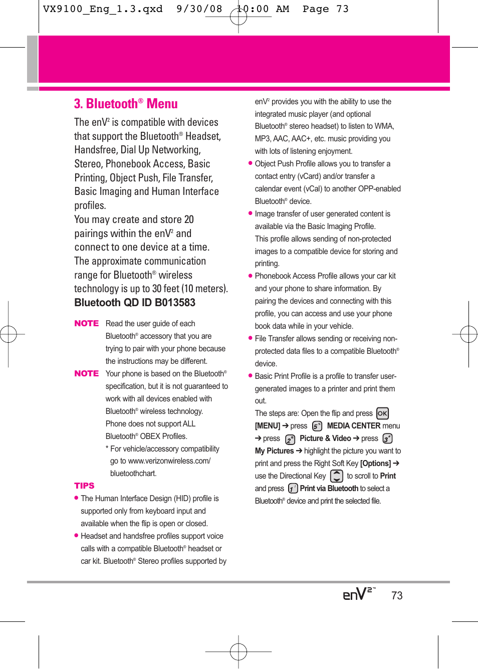 Bluetooth, Menu, The env | LG LGVX9100LK User Manual | Page 73 / 130