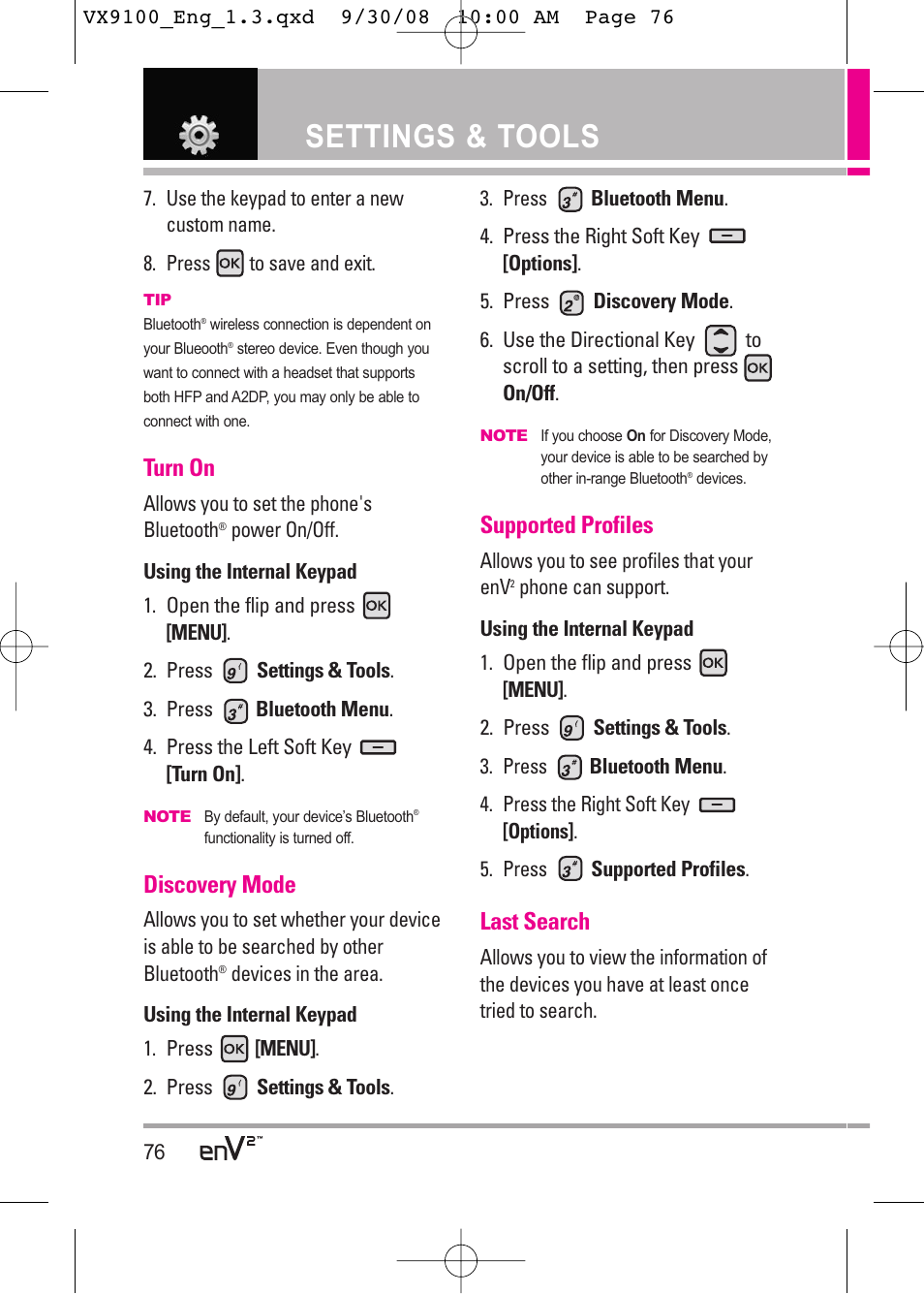 Settings & tools, Turn on, Discovery mode | Supported profiles, Last search | LG LGVX9100LK User Manual | Page 76 / 130