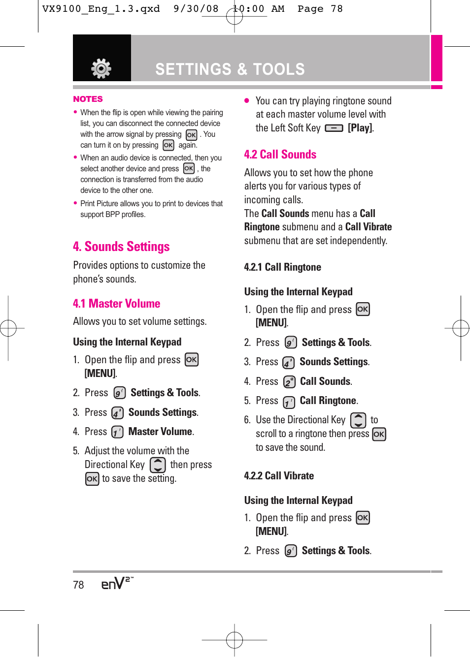 Settings & tools, Sounds settings | LG LGVX9100LK User Manual | Page 78 / 130