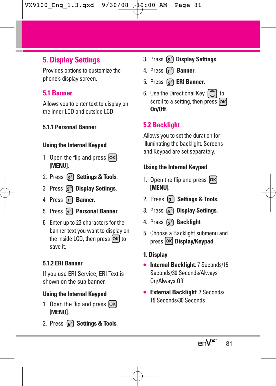 Display settings | LG LGVX9100LK User Manual | Page 81 / 130