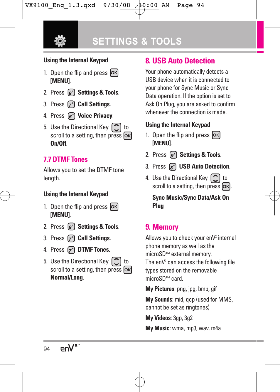 Settings & tools, Usb auto detection | LG LGVX9100LK User Manual | Page 94 / 130