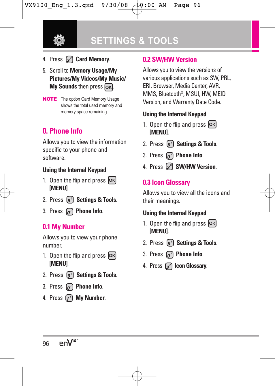 Settings & tools, Phone info | LG LGVX9100LK User Manual | Page 96 / 130