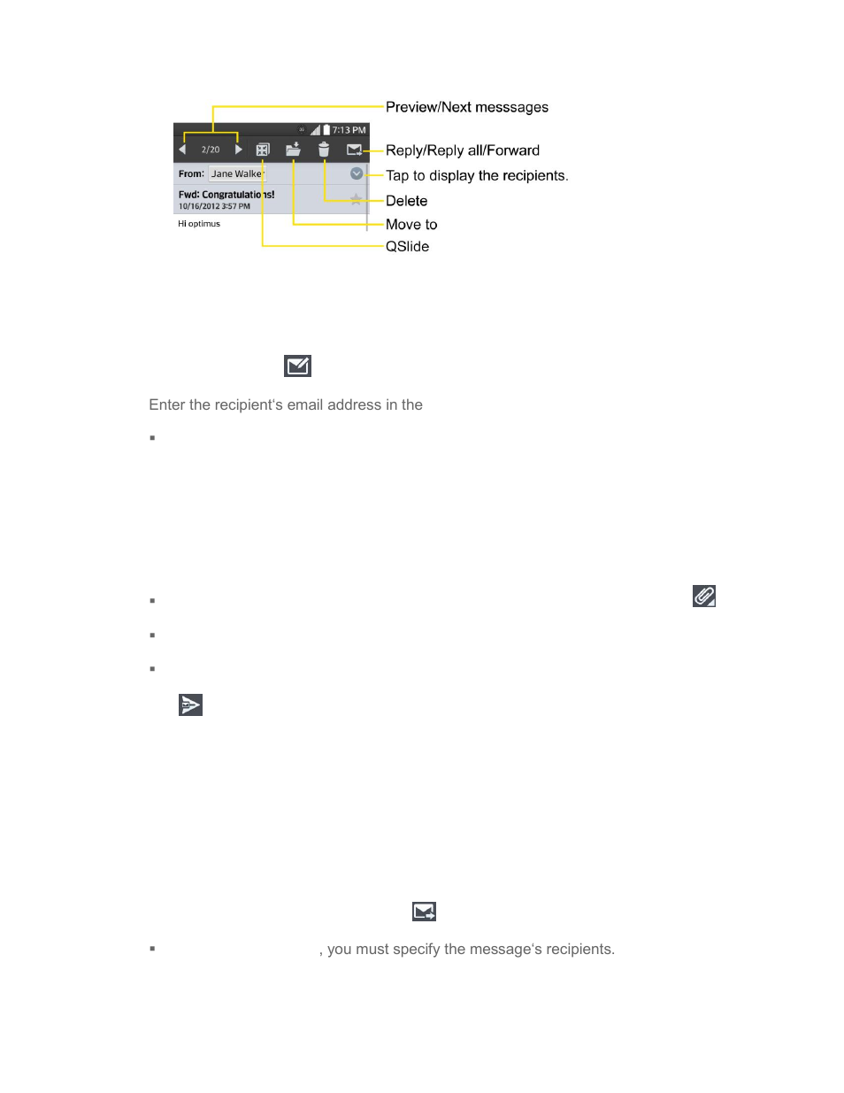 Create and send email, Reply to or delete an email message | LG LGLS740 User Manual | Page 69 / 174