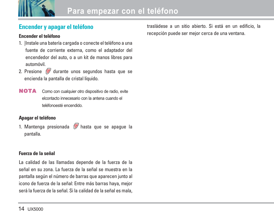 Para empezar con el teléfono, Encender y apagar el teléfono | LG LGUX5000 User Manual | Page 107 / 187