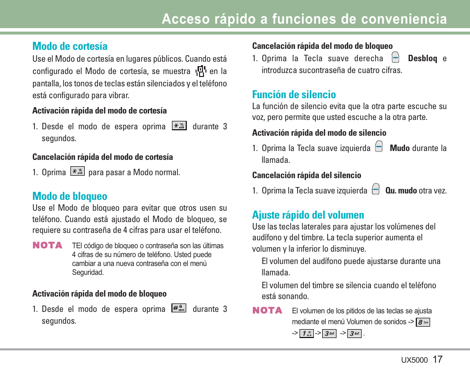 Acceso rápido a funciones de conveniencia, Modo de cortesía, Modo de bloqueo | Función de silencio, Ajuste rápido del volumen | LG LGUX5000 User Manual | Page 110 / 187