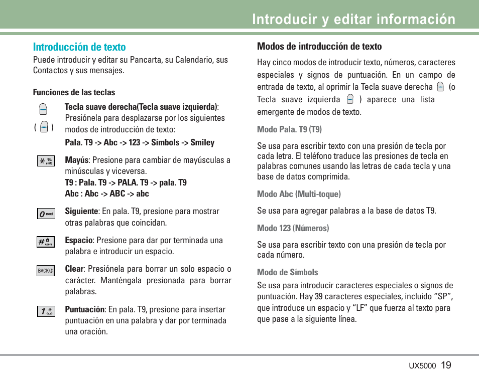 Introducir y editar información, Introducción de texto | LG LGUX5000 User Manual | Page 112 / 187