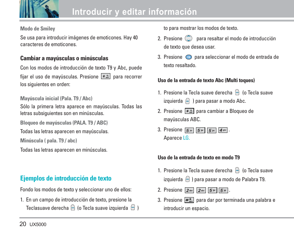 Introducir y editar información, Ejemplos de introducción de texto | LG LGUX5000 User Manual | Page 113 / 187