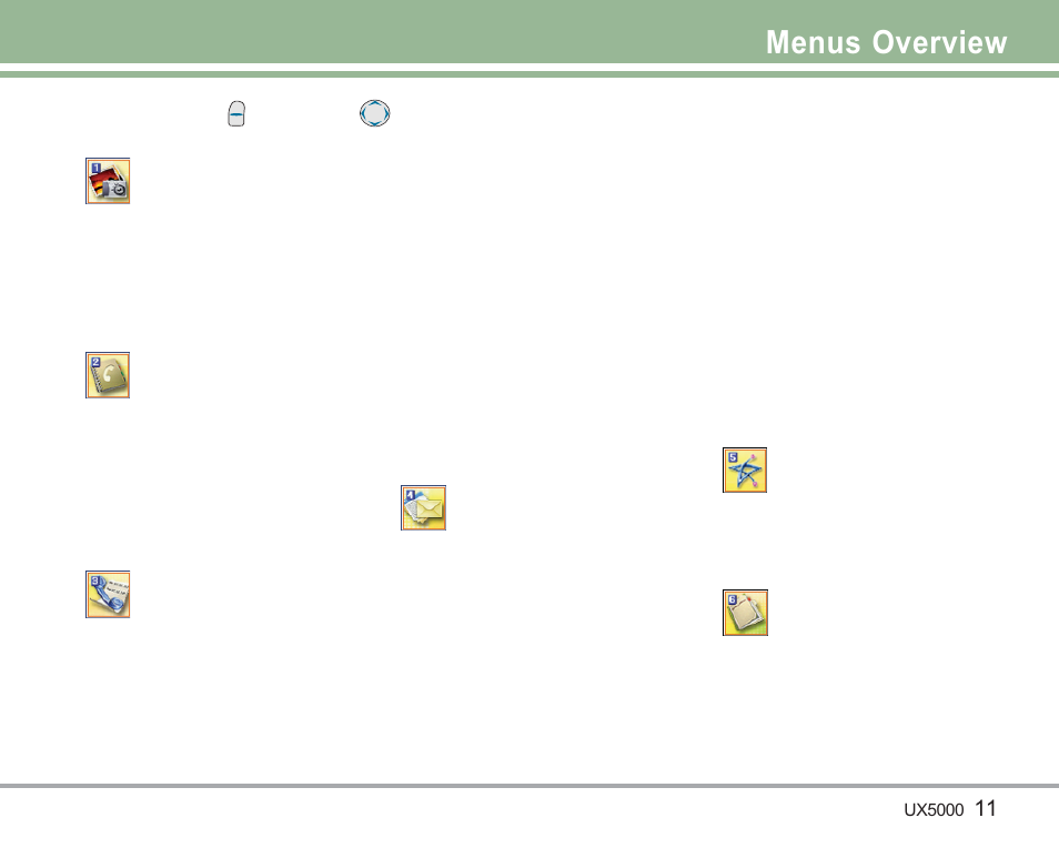 Menus overview, Camera, Contacts | Recent calls, Messages, Easy edge, Media | LG LGUX5000 User Manual | Page 12 / 187