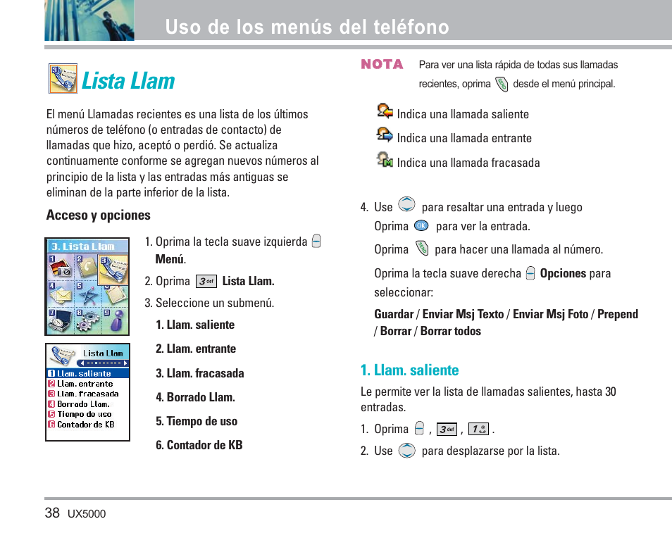 Lista llam, Uso de los menús del teléfono, Llam. saliente | LG LGUX5000 User Manual | Page 131 / 187