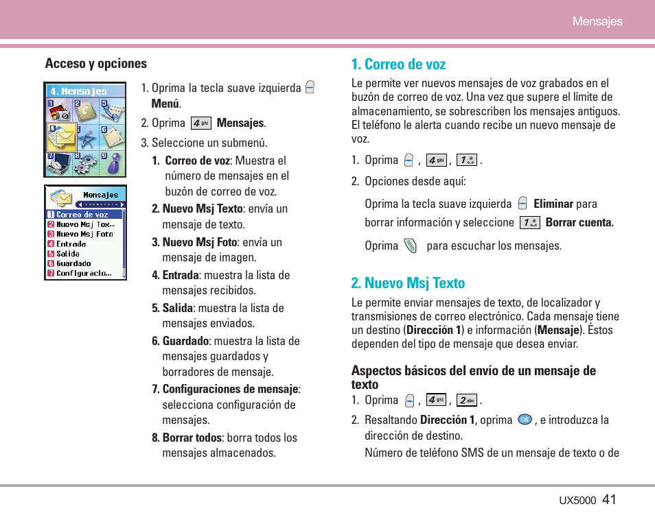 Correo de voz, Nuevo msj texto | LG LGUX5000 User Manual | Page 134 / 187