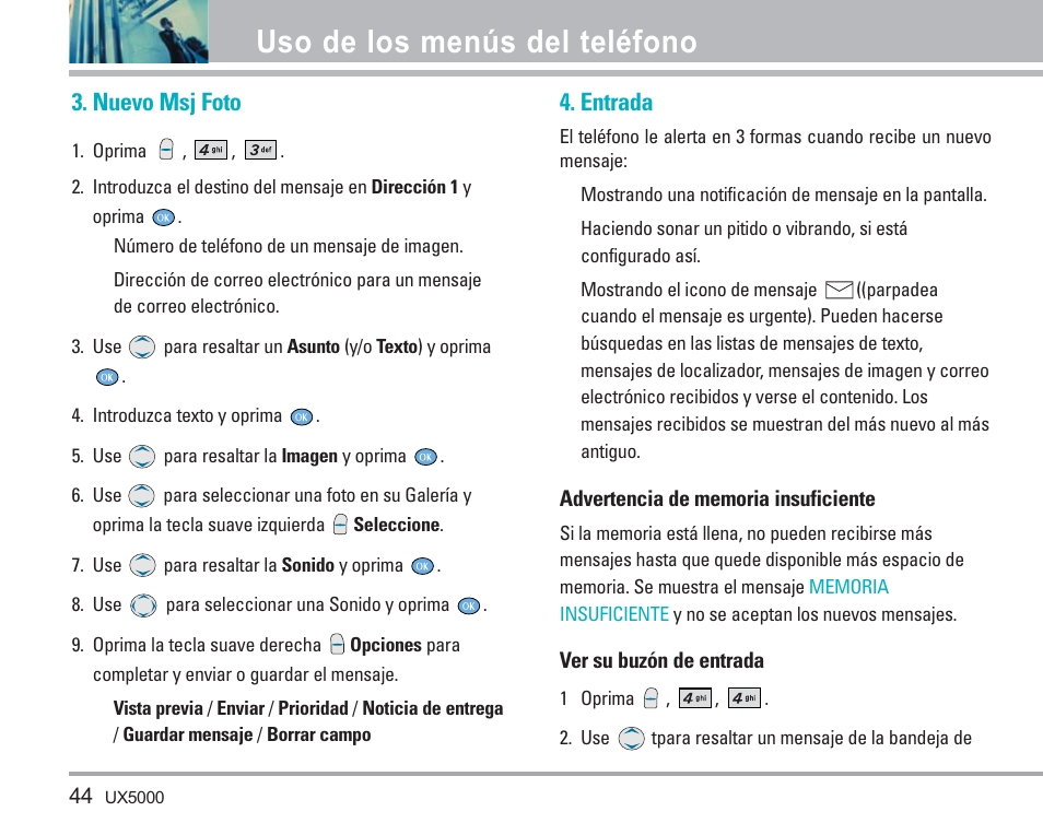 Uso de los menús del teléfono, Nuevo msj foto, Entrada | LG LGUX5000 User Manual | Page 137 / 187