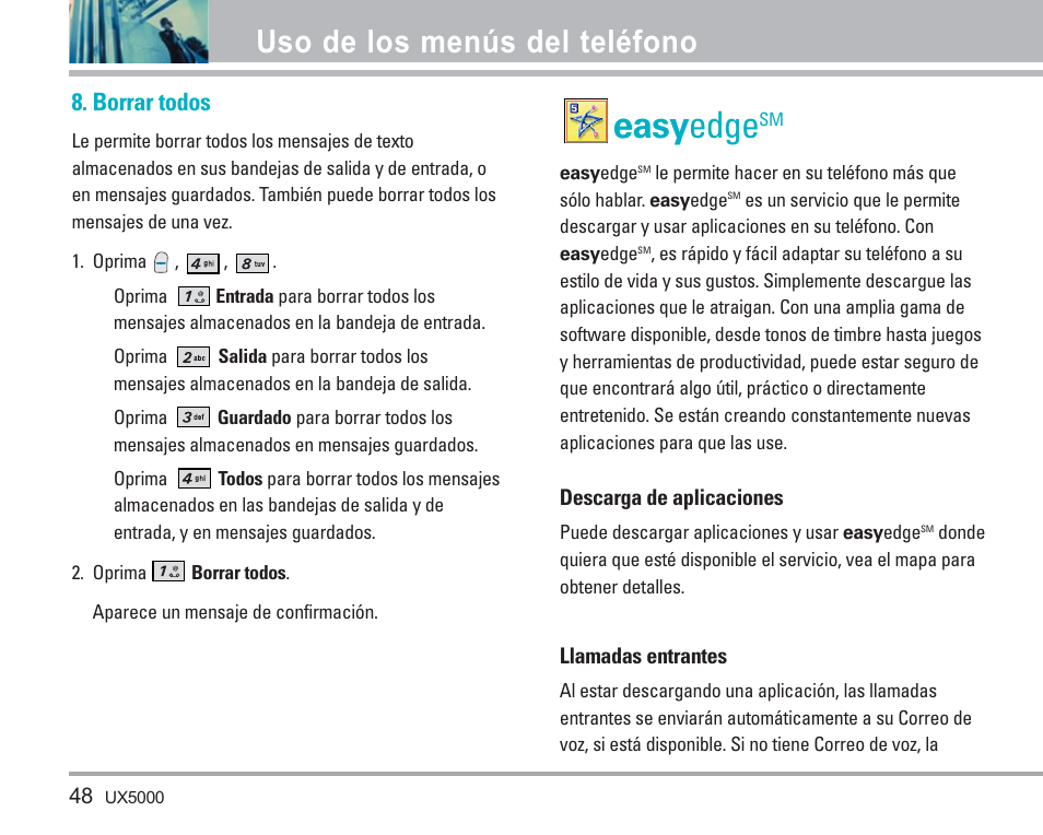 Easy edge, Uso de los menús del teléfono, Borrar todos | LG LGUX5000 User Manual | Page 141 / 187