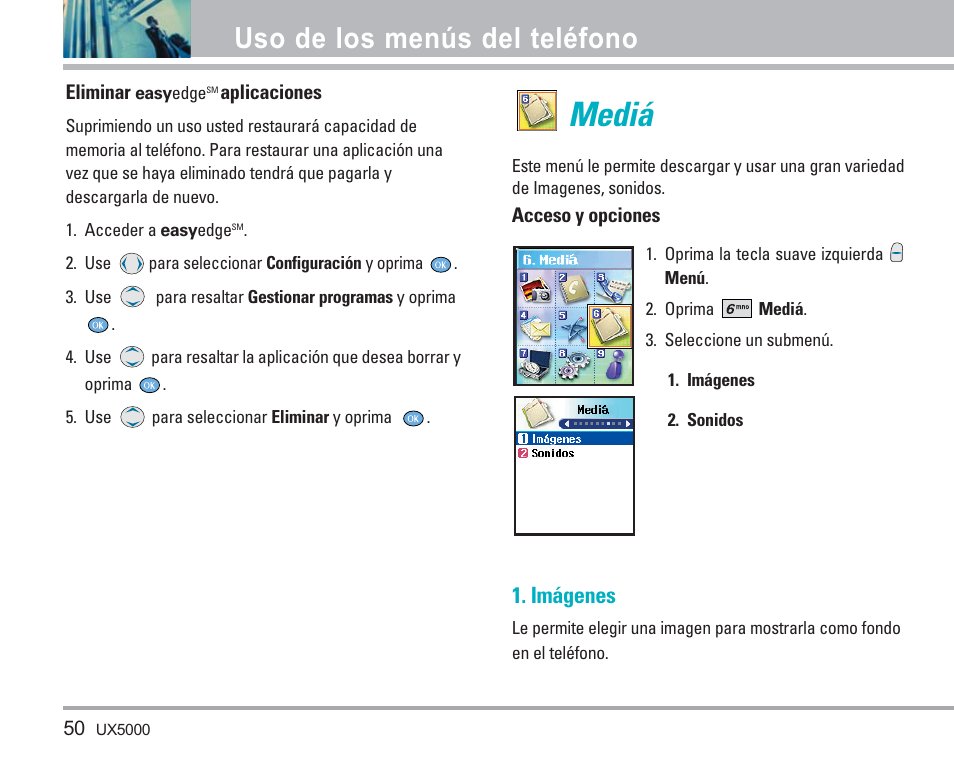 Mediá, Uso de los menús del teléfono, Imágenes | LG LGUX5000 User Manual | Page 143 / 187