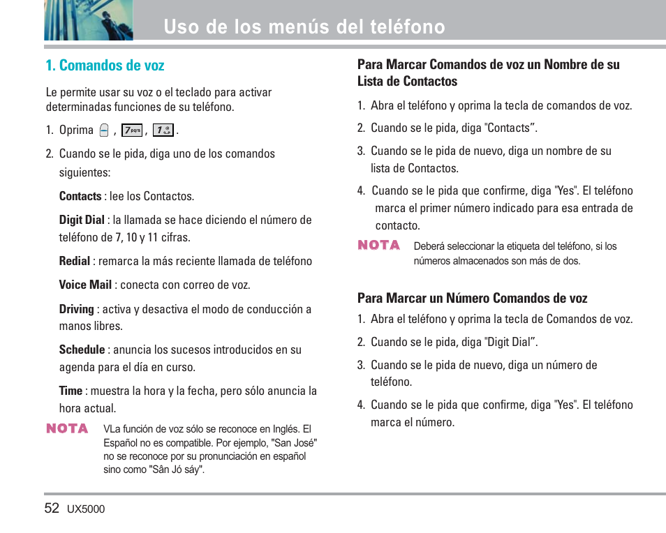 Uso de los menús del teléfono, Comandos de voz | LG LGUX5000 User Manual | Page 145 / 187