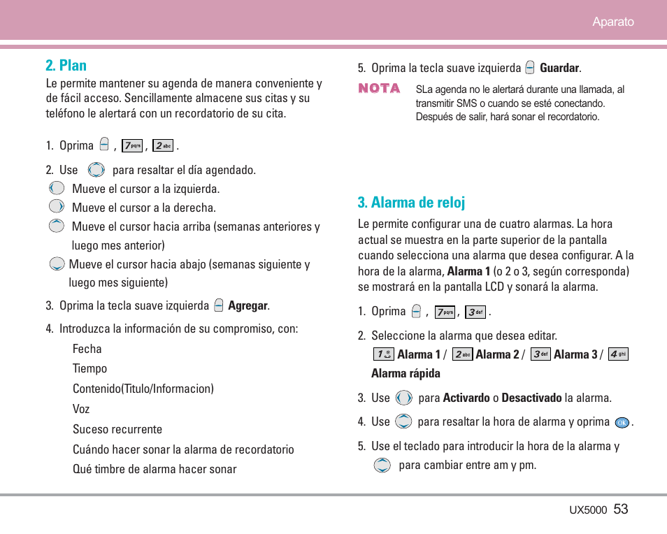 Plan, Alarma de reloj | LG LGUX5000 User Manual | Page 146 / 187