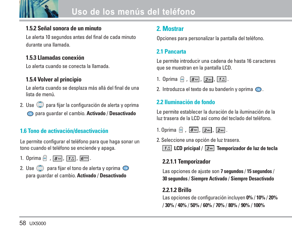 Uso de los menús del teléfono, Mostrar | LG LGUX5000 User Manual | Page 151 / 187