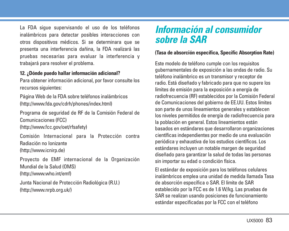 Información al consumidor sobre la sar | LG LGUX5000 User Manual | Page 176 / 187