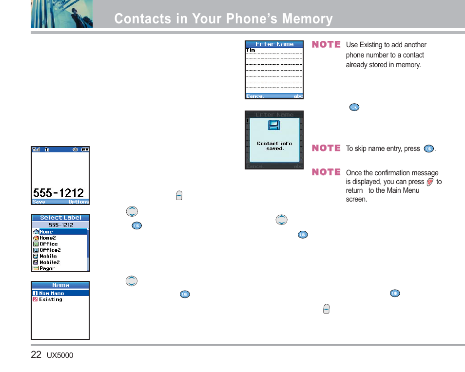 The basics of storing contacts entries | LG LGUX5000 User Manual | Page 23 / 187