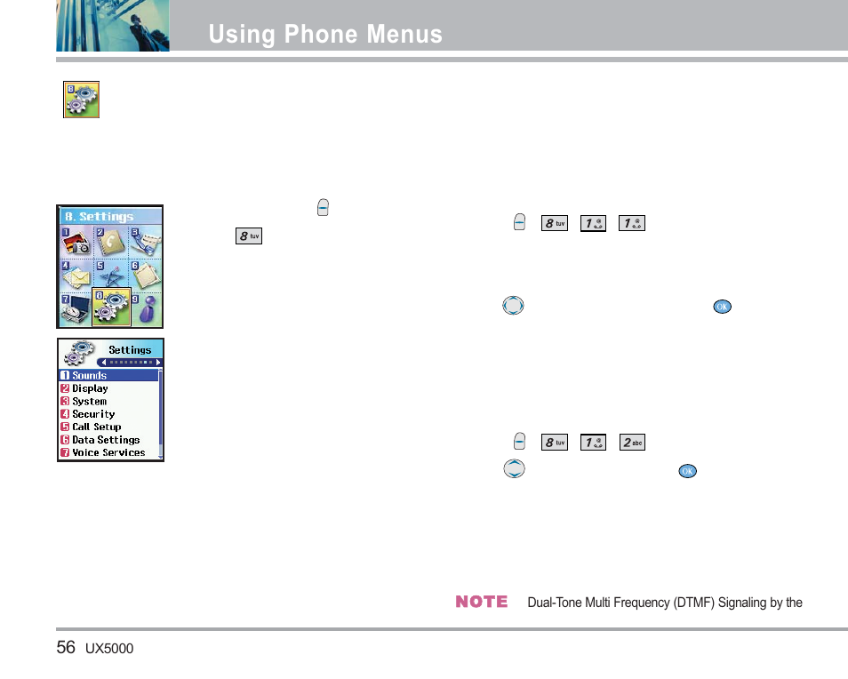 Settings, Using phone menus, Sounds | LG LGUX5000 User Manual | Page 57 / 187