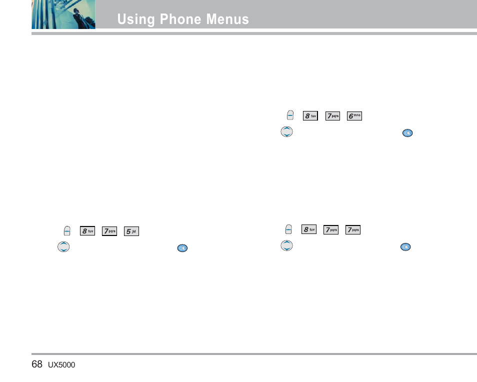 Using phone menus | LG LGUX5000 User Manual | Page 69 / 187