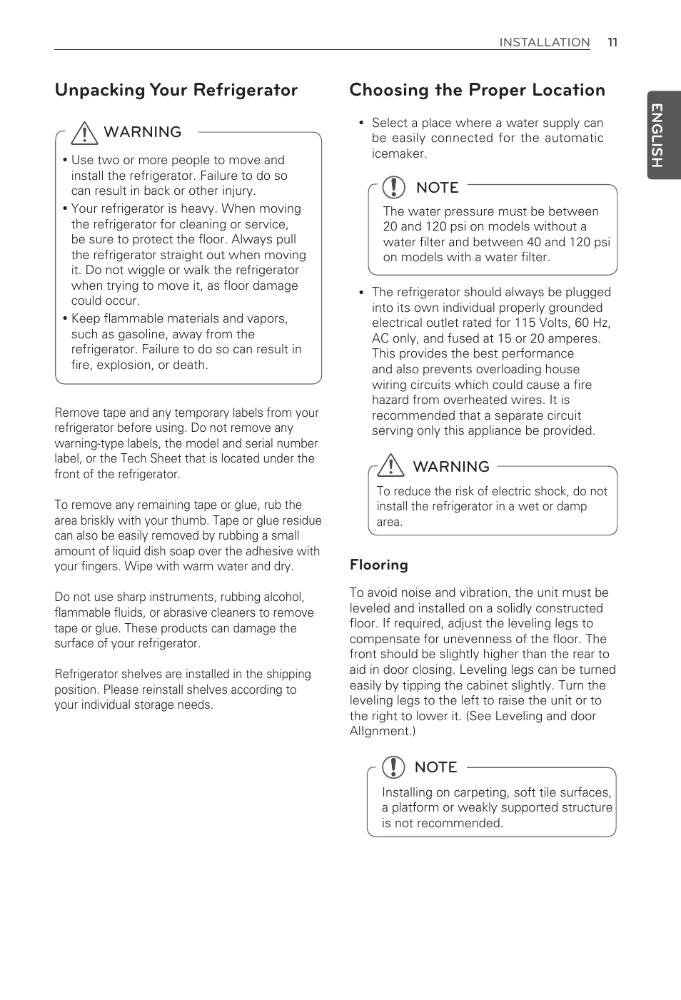 Choosing the proper location, Unpacking your refrigerator | LG LFX33975ST User Manual | Page 11 / 61