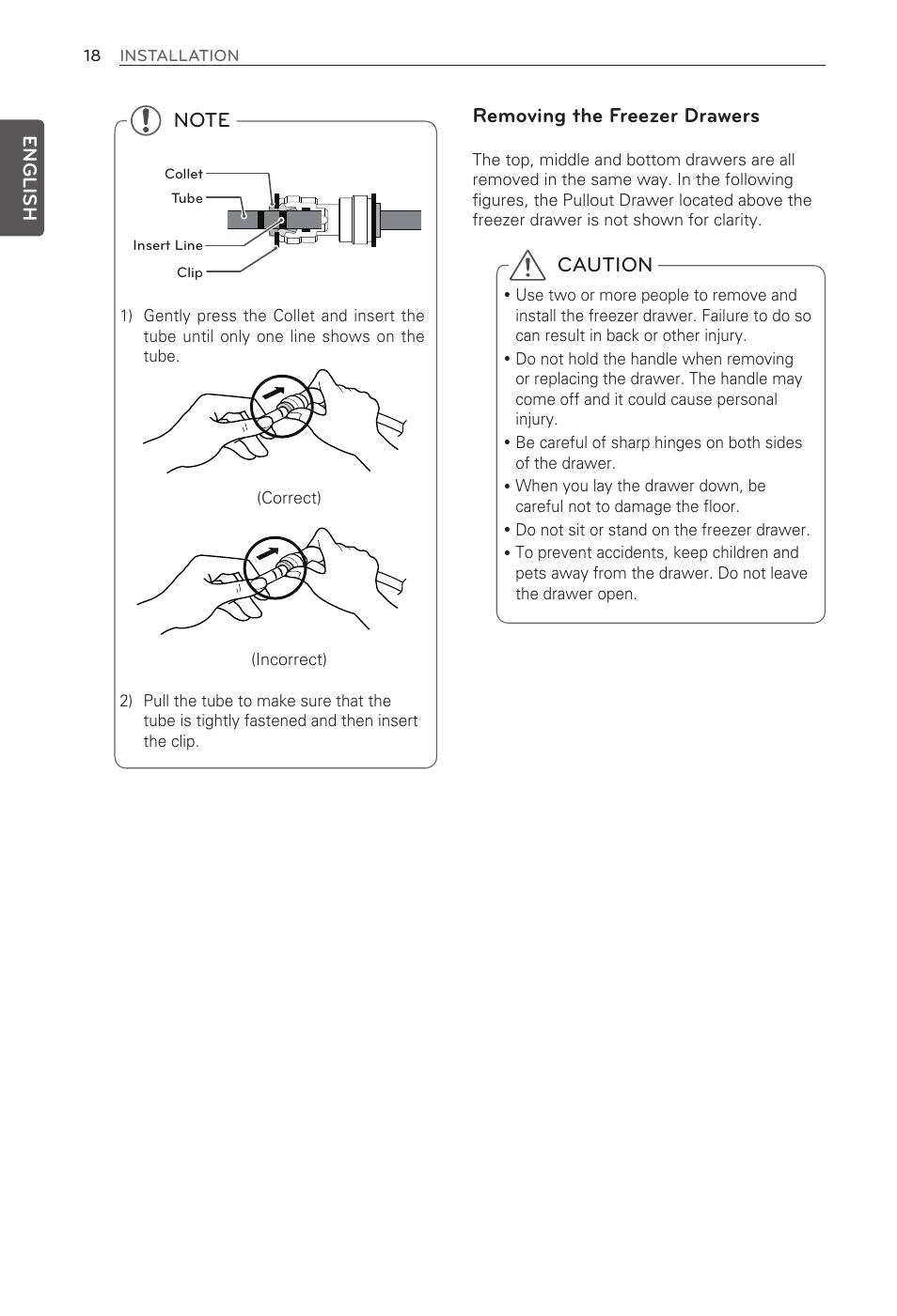 Caution, Removing the freezer drawers | LG LFX33975ST User Manual | Page 18 / 61