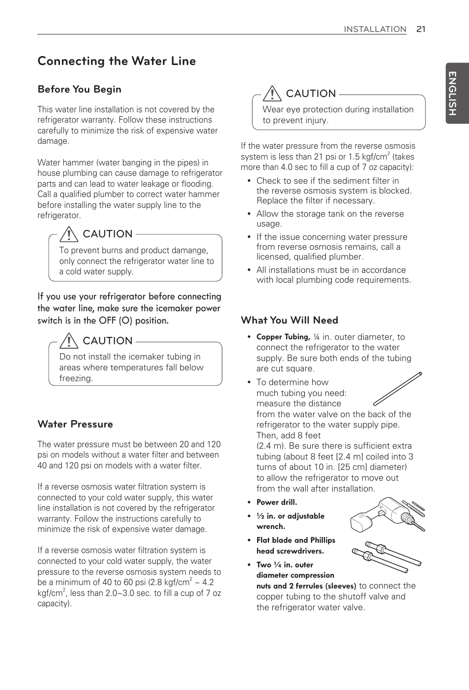 Connecting the water line, Caution, Before you begin | What you will need | LG LFX33975ST User Manual | Page 21 / 61