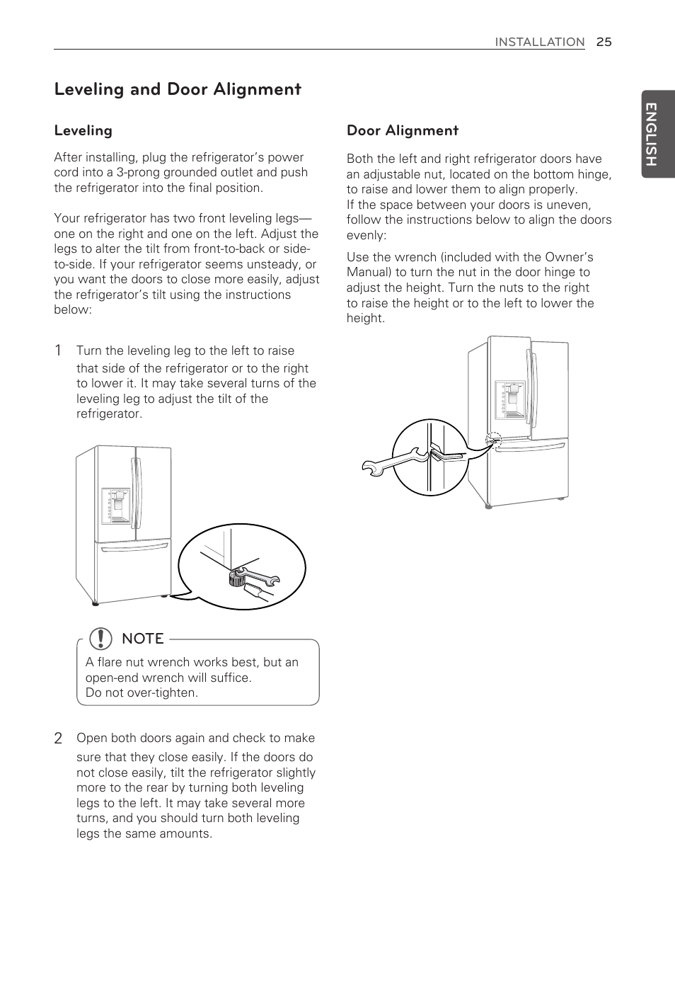 Leveling and door alignment | LG LFX33975ST User Manual | Page 25 / 61