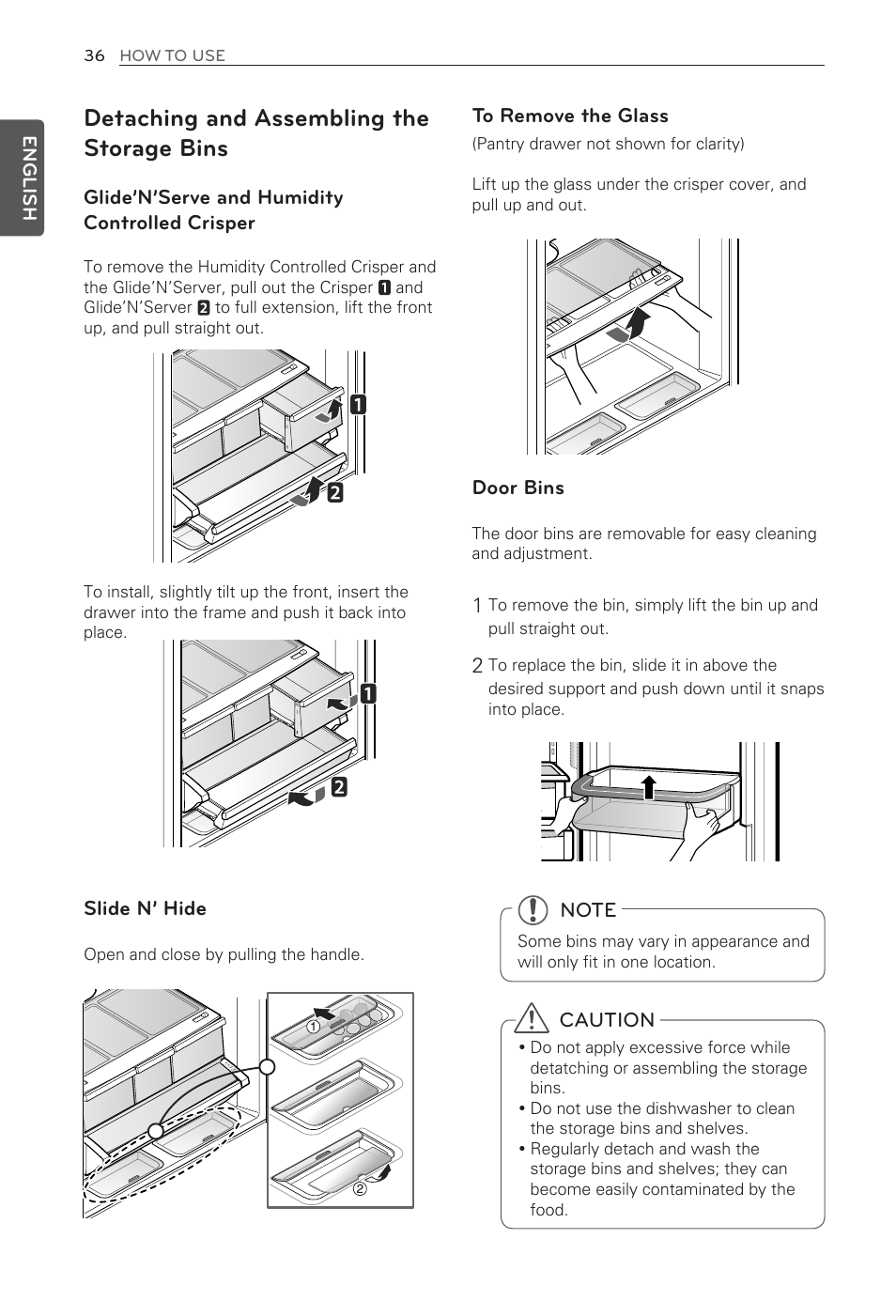 Detaching and assembling the storage bins | LG LFX33975ST User Manual | Page 36 / 61