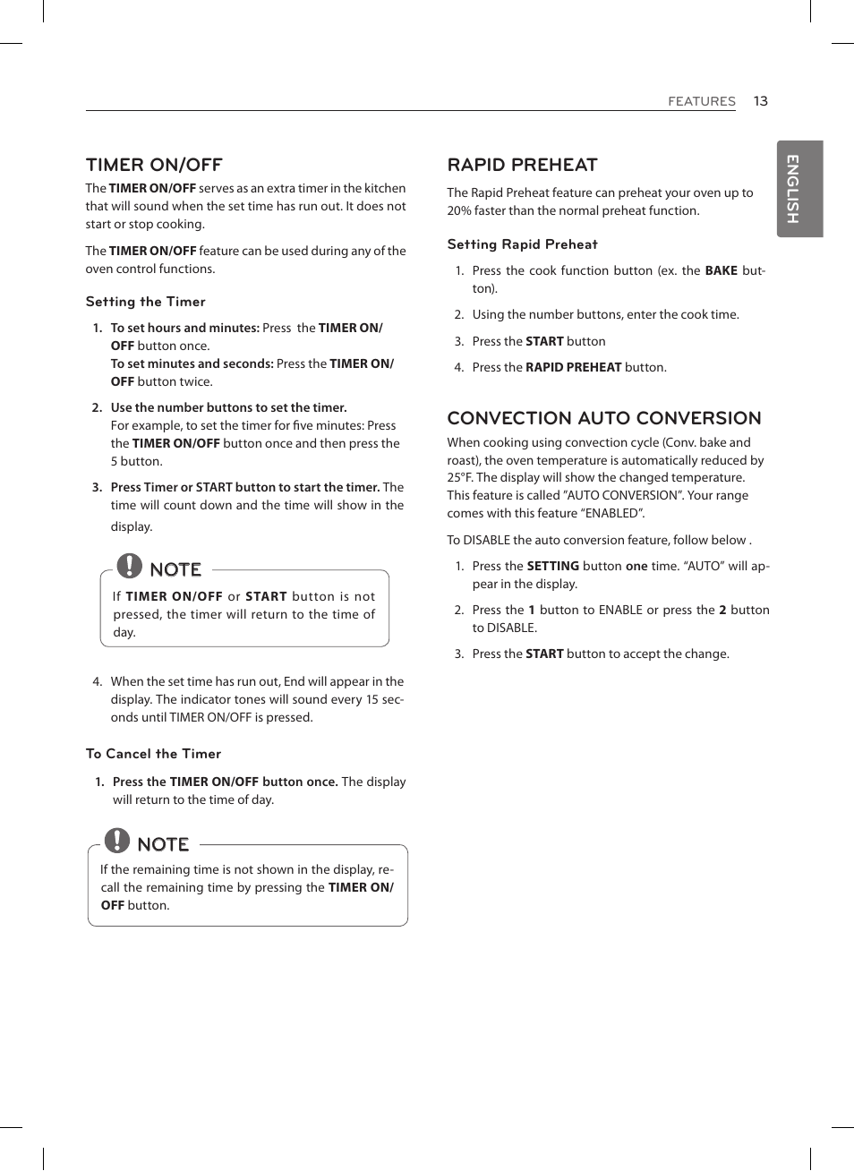 Timer on/off, Convection auto conversion | LG LRE3027ST User Manual | Page 13 / 88