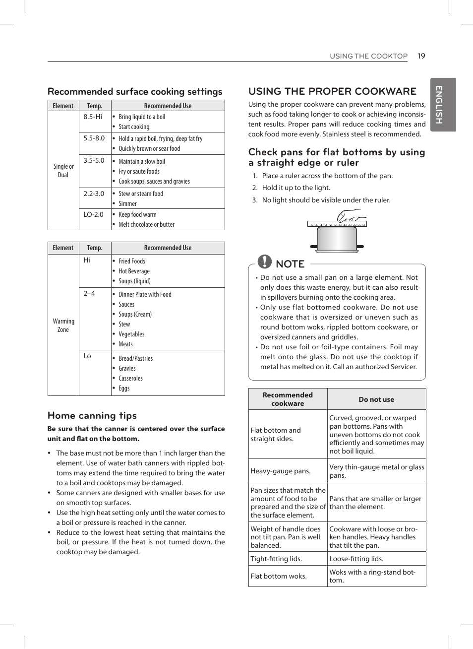 Recommended surface cooking settings, Home canning tips, Using the proper cookware | English | LG LRE3027ST User Manual | Page 19 / 88