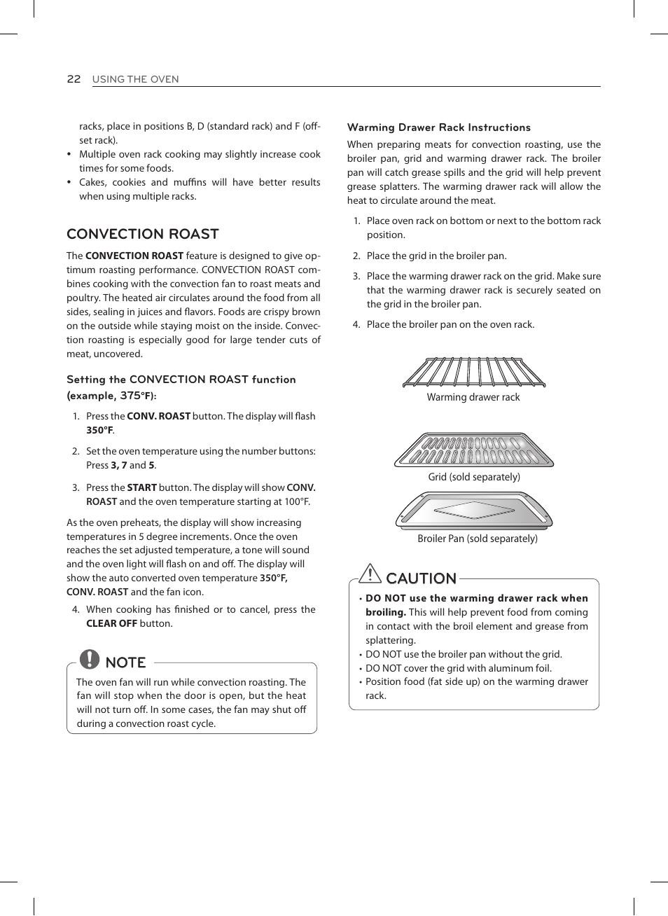 Caution, Convection roast | LG LRE3027ST User Manual | Page 22 / 88