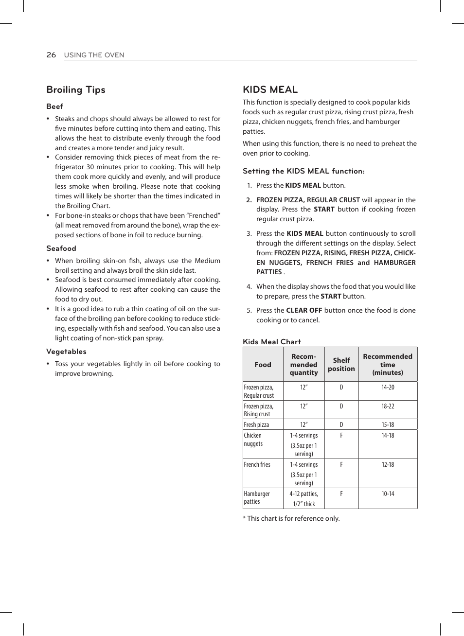 Broiling tips, Kids meal | LG LRE3027ST User Manual | Page 26 / 88