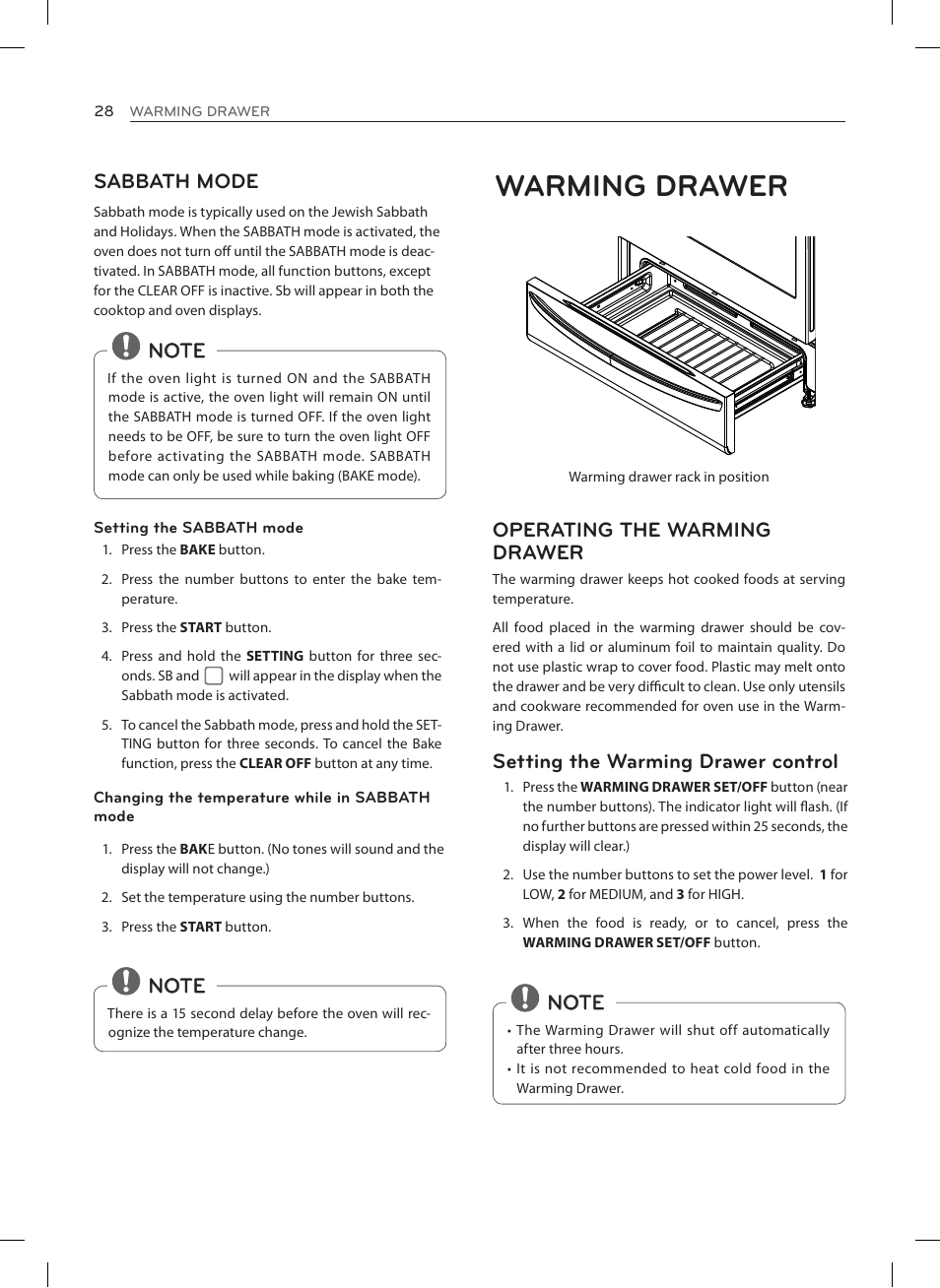 Warming drawer, Sabbath mode, Operating the warming drawer | Setting the warming drawer control | LG LRE3027ST User Manual | Page 28 / 88