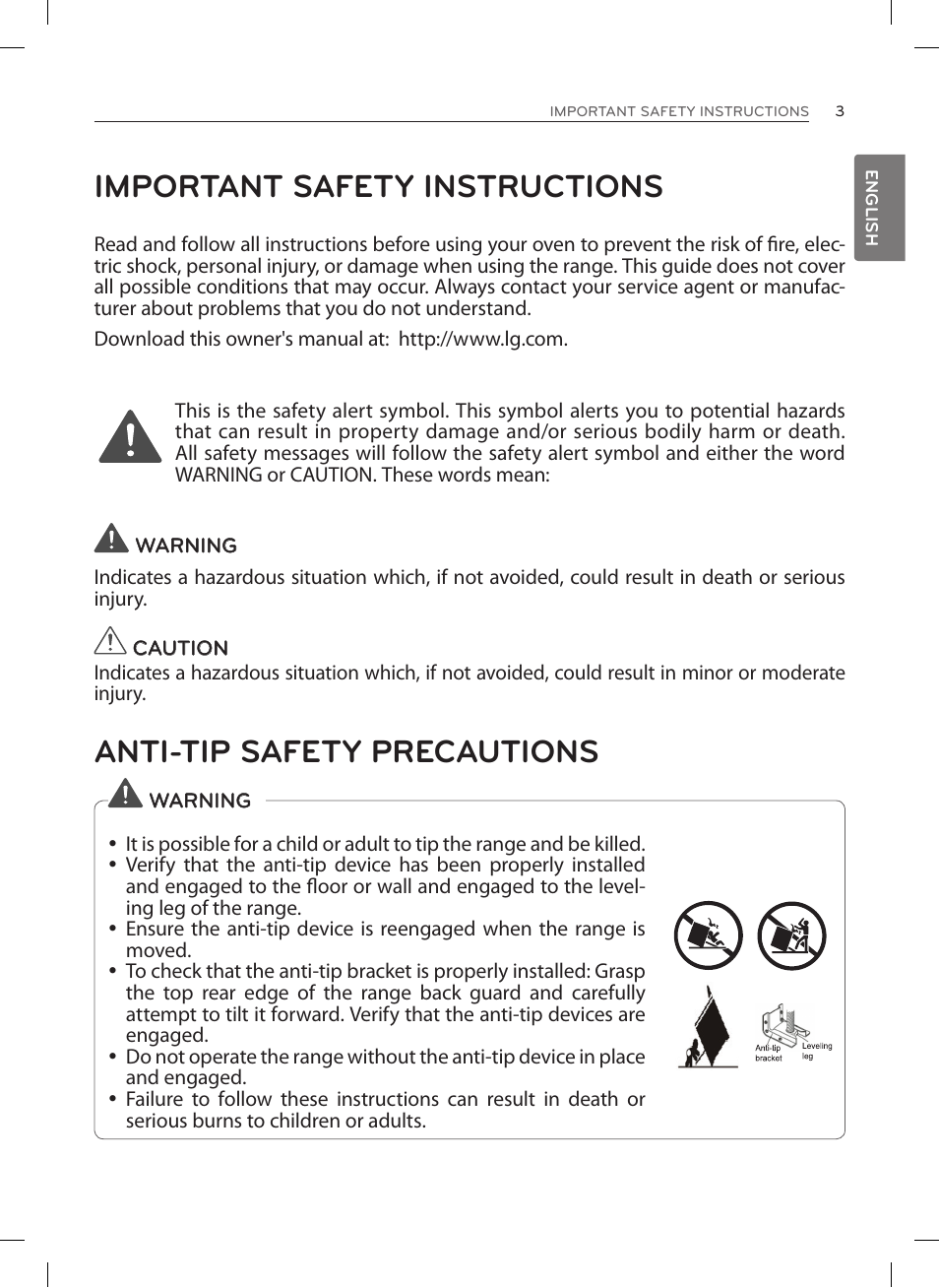 Important safety instructions, Anti-tip safety precautions | LG LRE3027ST User Manual | Page 3 / 88