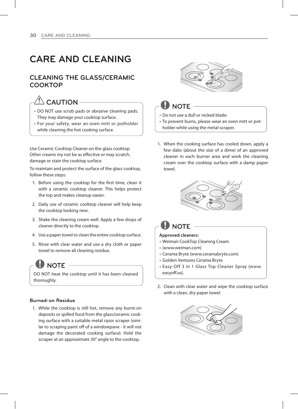 Care and cleaning, Caution, Cleaning the glass/ceramic cooktop | LG LRE3027ST User Manual | Page 30 / 88