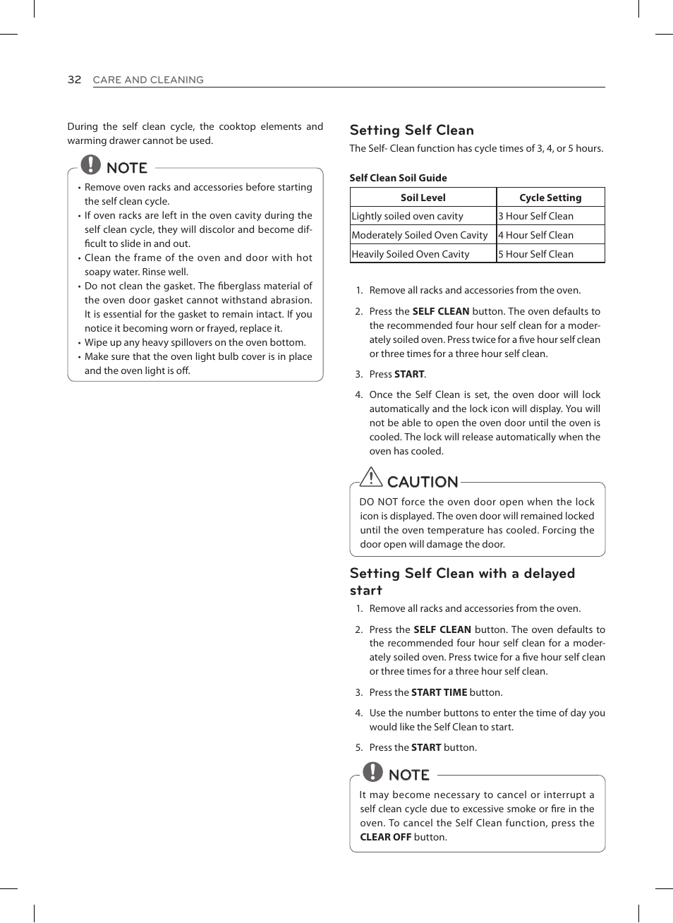 Caution, Setting self clean with a delayed start | LG LRE3027ST User Manual | Page 32 / 88