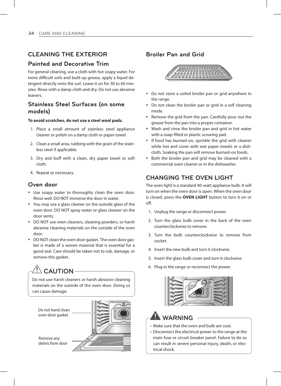 Caution, Cleaning the exterior painted and decorative trim, Stainless steel surfaces (on some models) | Oven door, Broiler pan and grid, Changing the oven light, Warning | LG LRE3027ST User Manual | Page 34 / 88