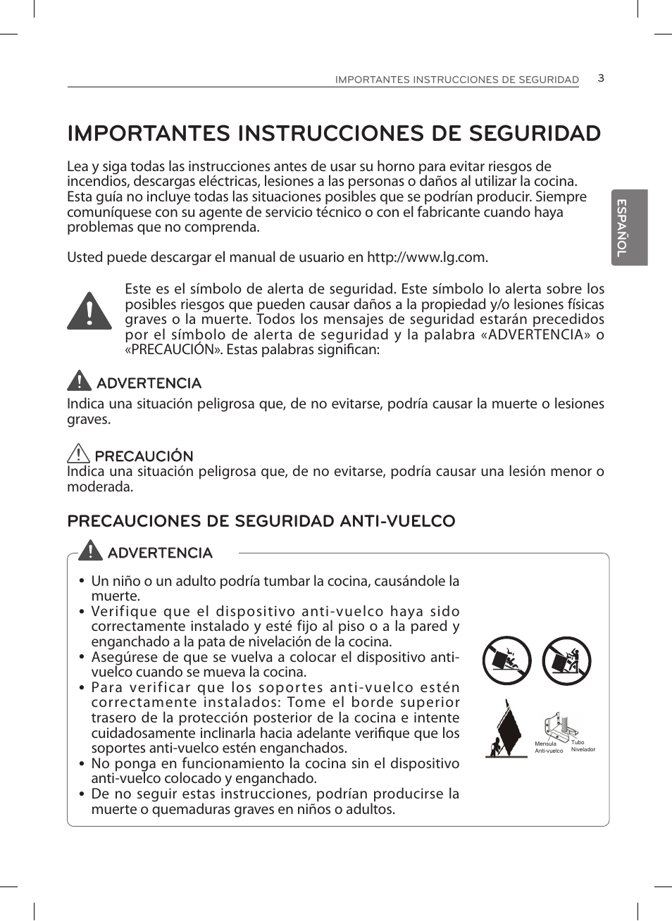 Importantes instrucciones de seguridad, Precauciones de seguridad anti-vuelco | LG LRE3027ST User Manual | Page 45 / 88