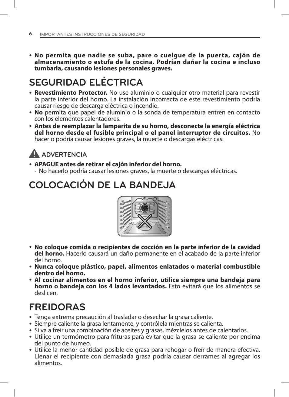 Seguridad eléctrica, Colocación de la bandeja, Freidoras | LG LRE3027ST User Manual | Page 48 / 88