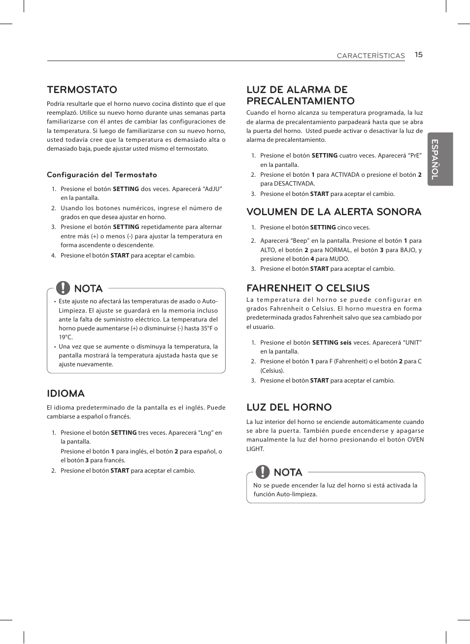 Luz de alarma de precalentamiento, Volumen de la alerta sonora, Fahrenheit o celsius | Luz del horno, Nota termostato, Nota idioma | LG LRE3027ST User Manual | Page 57 / 88