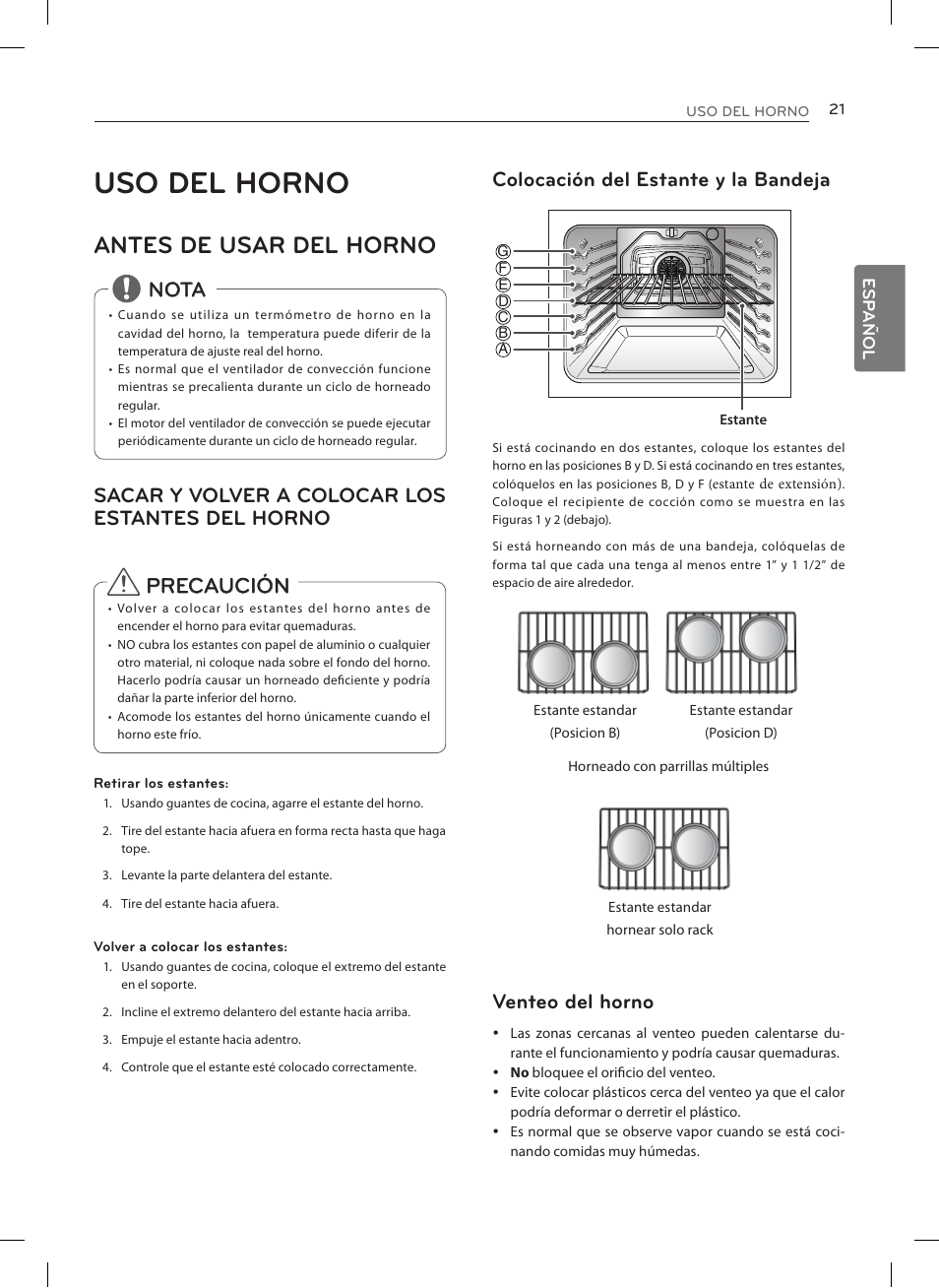 Uso del horno, Antes de usar del horno, Precaución | Colocación del estante y la bandeja, Venteo del horno, Sacar y volver a colocar los estantes del horno, Nota | LG LRE3027ST User Manual | Page 63 / 88